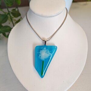 Bright blue asymmetrical abstract flower handmade fused glass pendant necklace